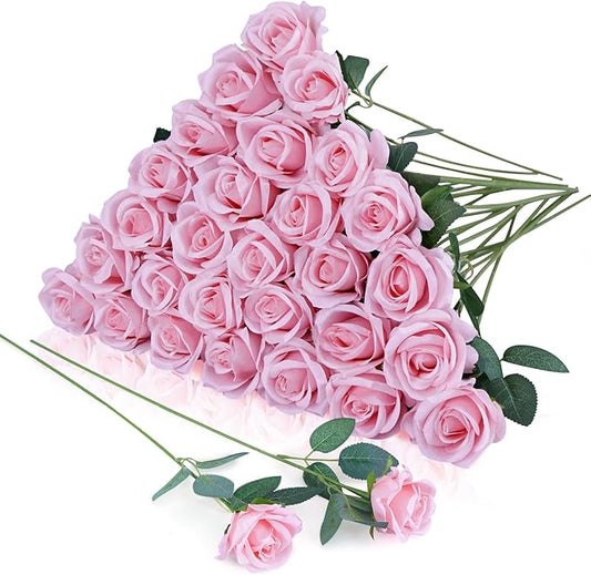 30pcs Fake Roses Artificial Silk Flowers Long Stems Bouquet for Wedding Bridal Shower Party Home Decoration (Pink)
