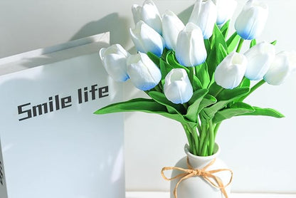SITUMEIZI 15pcs Fake Tulips Artificial Flowers Real Touch 14" Silk Flower for Home Kitchen Decor Spring Easter Wedding Bouquet Decorations Office Floral Arrangements(Blue on White)