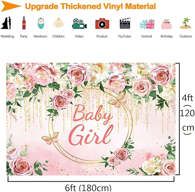 InMemory Pink Rose Baby Girl Baby Shower Backdrop Banner Decorations for Girl,Pink Flower It's a Girl Banner Photography Background for Sweet Girls Baby Shower Party Supplies Photo Booth Props 6x4ft
