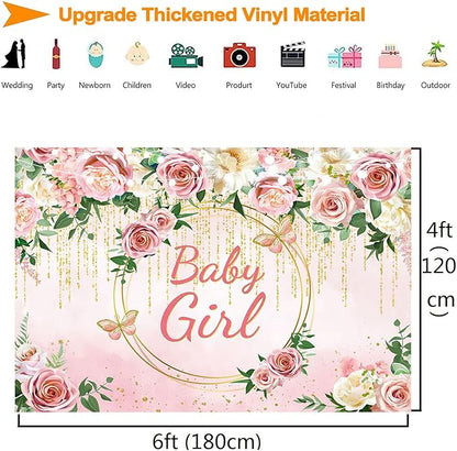 InMemory Pink Rose Baby Girl Baby Shower Backdrop Banner Decorations for Girl,Pink Flower It's a Girl Banner Photography Background for Sweet Girls Baby Shower Party Supplies Photo Booth Props 6x4ft