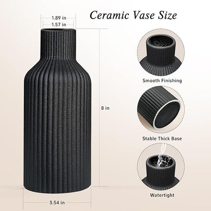 Black Ceramic Flower Vase, Minimalist Modern Home Decor, Matte Finish Pampas Grass Vase for Table, Fireplace, Shelf, Mantel, Entryway and Centerpieces (10in)
