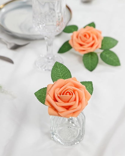 DuHouse 25Pcs Artificial Roses Flowers Fake Rose with Stems Real Touch Foam Flowers for DIY Wedding Bouquet Baby Shower Centerpiece Floral Arrangement Party Home Decor(Peach Fuzz)