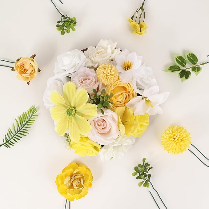 Artificial Flowers Combo Box Set Artificial Bouquets Wedding Flowers Faux Yellow Flowers Roses with Stems for Wedding Centerpieces Party Home Decor