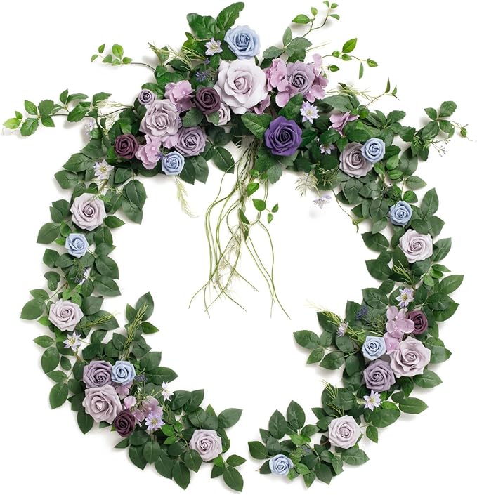 Ling's moment Flower Garland - 6FT Eucalyptus & Rose - Sweetheart Table Decor for Wedding Reception, Artificial Floral Garland for Arch Mantle, Christmas, Backdrop Decoration, Purple