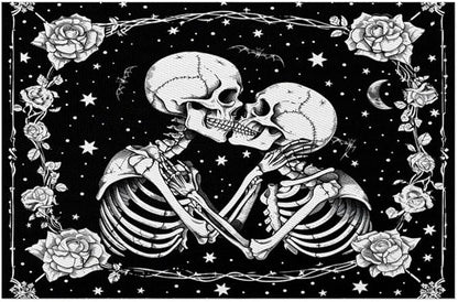 Halloween Skull Goth Flower Placemats Set of 6 PVC Vinyl Non Slip Table Mats Heat Resistant Place Mats Washable Wipeable Dining Table Mat for Kitchen Decor Party Indoor Outdoor Decorative Gift