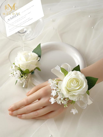 Meldel Wrist Corsage and Boutonniere Set(2pcs), Ivory White Artificial Silk Rose Pearls Bracelets Corsage for Bride, Groom Best Man Boutonniere Wedding Flower Accessories Prom Ceremony Party Decor