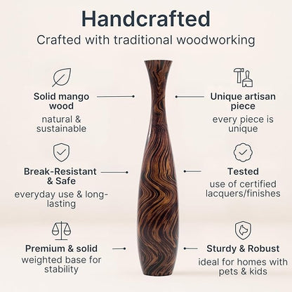 Leewadee Large Brown Light Brown Home Decor Floor Vase – Wooden 34 inches Tall Farmhouse Decor Flower Holder for Fake Plant and Pampas Grass