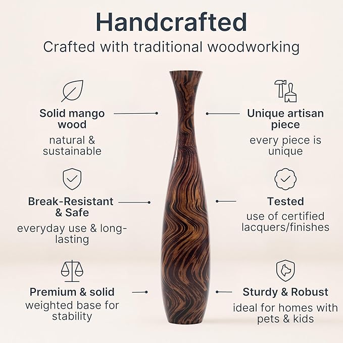 Leewadee Large Brown Home Decor Floor Vase - Wooden 41 inch Tall Farmhouse Decor Flower Holder for Fake Plant and Pampas Grass