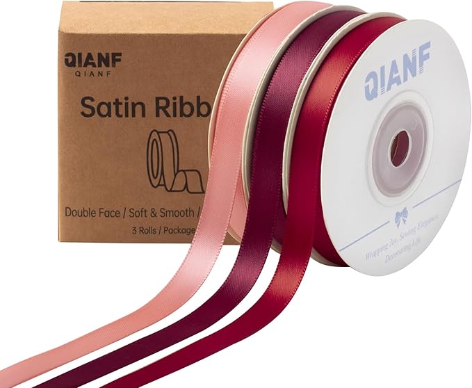 Burgundy Double Face Satin Ribbon 3/8 Inch x 45 Yards Wine Red Coral Pink Fabric Ribbon for Gift Wrapping, Flower Bouquets, Bows Making, Wedding Decor, Invitations, Christmas (3 Rolls *15Yd)