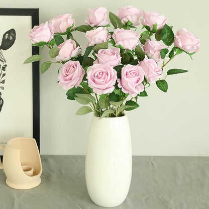 15Pcs Pearl Pink Roses Artificial Flowers Fake Roses Long Stem Velet Rose Silk Flowers for Home Wedding Decoration (Pearl Roses,Pink)