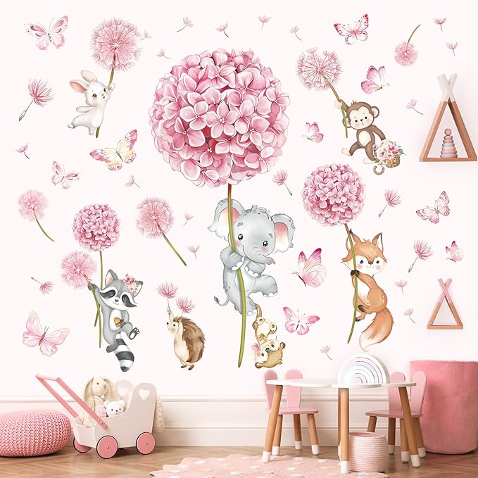 decalmile Animal Flower Pink Dandelion Wall Stickers Forest Animals Elephant Fox Monkey Wall Decals Baby Nursery Girls Bedroom Kids Room Wall Decor