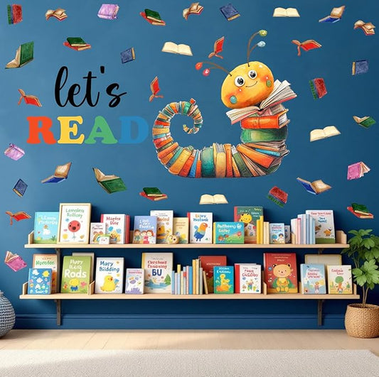 Colorful Book Caterpillar Wall Stickers, Let’s Read Classroom Vinyl Wall Decals, Removable School Reading DIY Wall Art for Kindergarten Preschool Library Decor