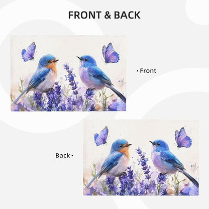 Lavender Birds Placemats Set of 6 Washable Table Mats Spring Floral Flower Heat-Resistant Cotton Linen Place Mats for Dining Table Kitchen Indoor Outdoor Party Holiday Decor