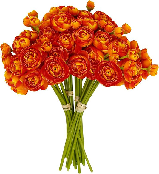 24 Pcs Ranunculus Artificial Flowers 10.5", Mini Faux Silk Ranunculus with Stem, Fake Flowers for Home Decor Indoor Wedding Bouquets Centerpieces (Orange)