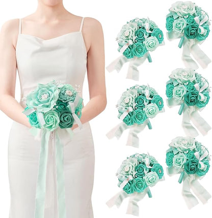 TINGE TIME Bridesmaid Bouquets for Wedding Set of 6 Teal Blue 7 Inch Wedding Bouquets Artificial Silk Flowers Bridal Bouquets for Bridesmaids, Wedding Decor, Anniversary