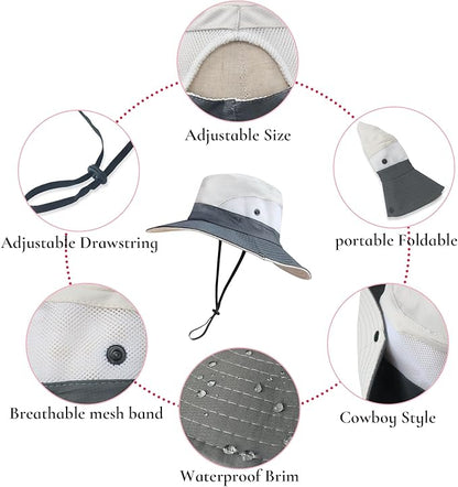 NPQQUAN Ponytail Sun Bucket Hats for Women Men Wide Brim UPF 50+ Fishing & Beach Hats