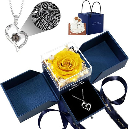 Birthday Gifts for Women, Preserved Real Roses with Heart Necklace I Love You in 100 Languages, Romantic Anniversary Wedding Gifts for Women Her Girlfriend Wife, Forever Roses Necklace Gift Box Yellow