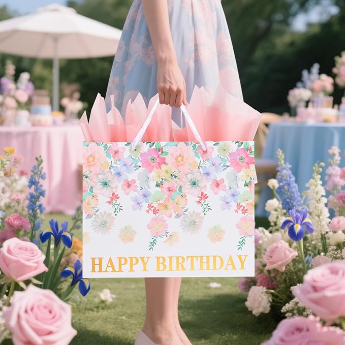 ASYEHJNR 13" Large Size Happy Birthday Gift Bag Floral Flower Pattern with Metallic Gold Happy Birthday Sign Vintage Gift Bag with Greeting Card and Tissue Paper for Girls Women