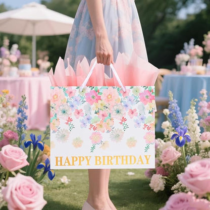 ASYEHJNR 13" Large Size Happy Birthday Gift Bag Floral Flower Pattern with Metallic Gold Happy Birthday Sign Vintage Gift Bag with Greeting Card and Tissue Paper for Girls Women