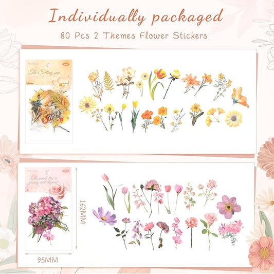 80 Pieces Natural Scrapbooking Stickers, Self-Adhesive Flower Stickers for Scrapbooking Supplies Journal for DIY Craft, Planners, Journal, Notebook Card