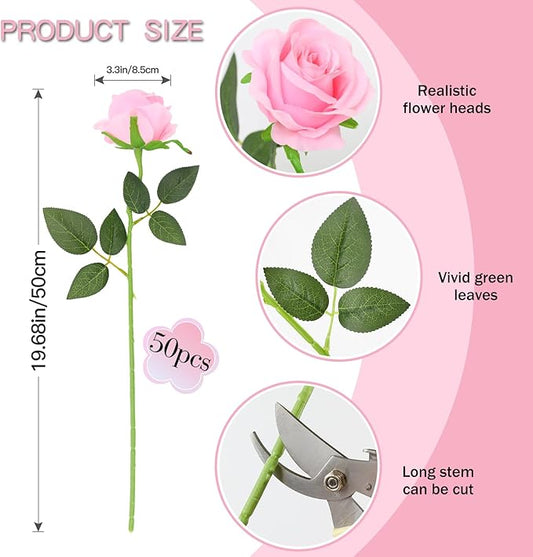 50PCS Artificial Silk Roses in Bulk & Bouquet Long Stem – Realistic Fake Roses for Wedding Centerpieces, Home Decor, Floral Arrangements, Party Decoration (Pink)