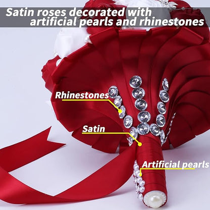 Handmade Wedding Flowers Bridal Bouquets Crystal Bride Holding Bouquet White Ivory Satin Roses with Diamond Pearl Ribbon.(WineRed)