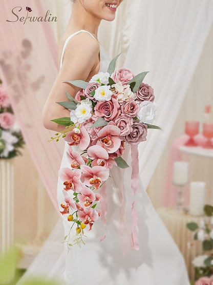 Serwalin 11Inch Wedding Bouquet Dusty Rose Cream Bridal Bouquets for Bride Bride Bouquets for Wedding Ceremony and Anniversary Day Decor
