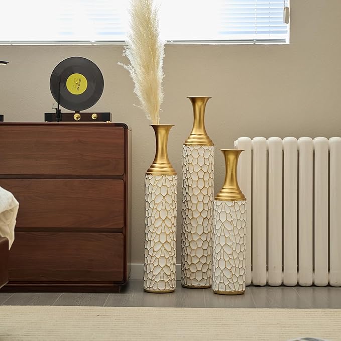 Floor Oversized Gold Metal Decorative Vase with 3D Triangle Pattern Set of 3 Large Vases for Home Living Room 33.5 ", 29.5 ", 25.2" High (Antique Gold+White)