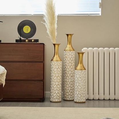 Floor Oversized Gold Metal Decorative Vase with 3D Triangle Pattern Set of 3 Large Vases for Home Living Room 33.5 ", 29.5 ", 25.2" High (Antique Gold+White)