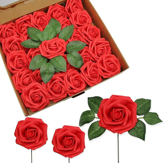 JOYLEX Artificial Flowers Realistic Roses, 50pcs Real Looking Fake Roses with Stem for DIY Wedding Bouquets Centerpieces Bridal Shower Party Home Romantic Decorations (Regular 3" - 50pcs, Red)