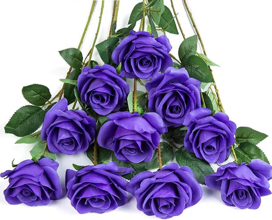DuHouse 10pcs Fake Roses Artificial Silk Flowers Faux Rose Flower Long Stems Bouquet for Arrangement Wedding Centerpiece Party Home Kitchen Decor(Purple)