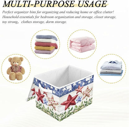 senya July Fourth Baskets Collapsible Storage Bins with Lids, American Flag Stars Storage Boxes Clothes Baskets for Organizing, B06D22020