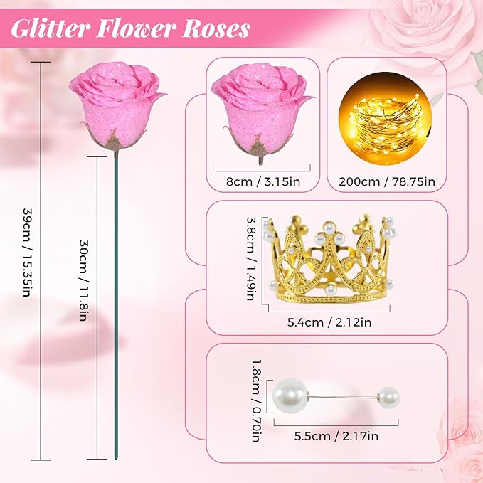 Pink Glitter Roses Bouquet, 24 Pcs Shiny Glitter Flowers Bouquet, Everlasting DIY Artificial Roses Bouquet for Christmas, Birthday, Anniversary, Wedding, Engagement