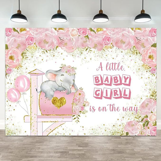 15x10ft Elephant Baby Shower Backdrop A Little Baby Girl is On The Way Photography Background Pink Floral Balloon Mailbox Baby Girls Party Banner Decorations Newborn Portrait Photo Booth Prop