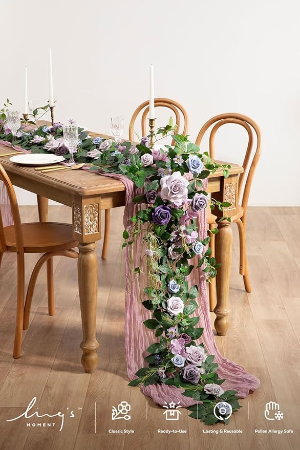 Ling's moment Flower Garland - 6FT Eucalyptus & Rose - Sweetheart Table Decor for Wedding Reception, Artificial Floral Garland for Arch Mantle, Christmas, Backdrop Decoration, Purple