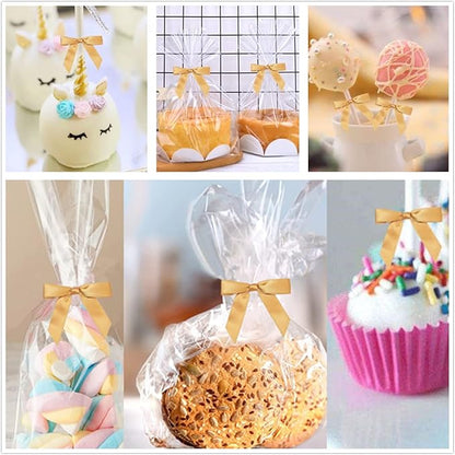 50 Pieces 3 inch Satin Ribbon Twist Tie Bows, Gold Pretied Bows with Twist Ties, Twist Bows Treats Bags, Bow Ties for Treats, Cake Pops, Baby Shower, Crafts, Gift Wrapping Favors, Cookies