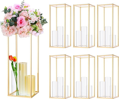 Sieral 6 Sets Wedding Clear Acrylic Flower Vase Include 6 Pcs Centerpieces Flowers Stand 18 Pcs Clear Glass Candle Holders Cylinder Vases, Flower Vases for Table Centerpiece Wedding Home Decor