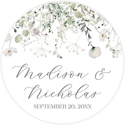 Personalized Floral Wedding Stickers with Your Choice of 30 Flower Styles - Choose Font and One of Five Pre-made Phrases or Add Custom Text (008 - White Wildflowers)