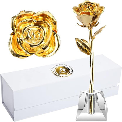 AliveRose Deluxe Golden Rose, Gold Dipped Rose Made from Real Rose Gift for Her on Wedding Anniversary Valentines Mothers Day (Deluxe Golden with Crystal Vase)