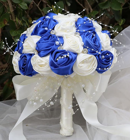 Bridal Wedding Bouquet Round Bling Brooch Bouquet Throw Toss Artificial Rose Flower Bunch for Bride Bridesmaid Wedding Quinceanera(Royal Blue & Ivory, 7.5")