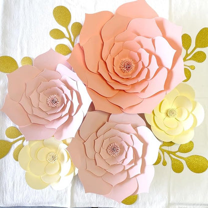 3D Artificial Paper Flower Decorations Need Assembled Pink Roses Flowers with Leaves Wall Backdrop Decor (Beige Pink Set) Wedding Bridal Shower Nursery Decor Centerpieces Wall Flowers Backdrop