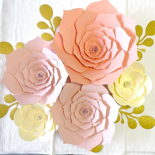 3D Artificial Paper Flower Decorations Need Assembled Pink Roses Flowers with Leaves Wall Backdrop Decor (Beige Pink Set) Wedding Bridal Shower Nursery Decor Centerpieces Wall Flowers Backdrop