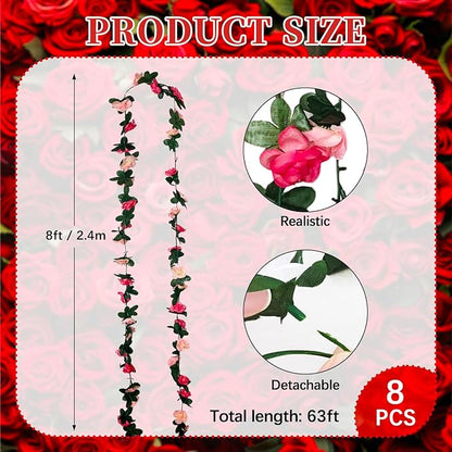 8Pcs 63Ft Pink Rose Garland, Fake Rose Hanging Flowers, Artificial Flower Vine, Hanging Floral Vine Garland for Wedding, Birthday Party, Wall Arch, Halloween, Christmas Garden Backdrop Decor