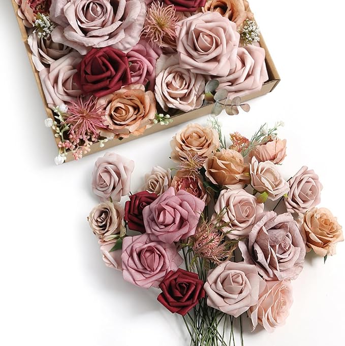 ASTRYAS 39PCS Dusty Rose Artificial Flowers Combo Box Set Fake Roses Flowers Burgundy Brown Faux Flower with Stem for DIY Wedding Bridal Bouquet Table Centerpieces Floral Arrangement Home Decor