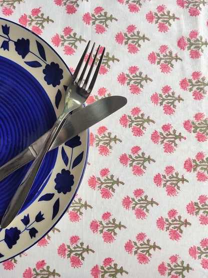 ATOSII Gulbahar White Pink 100% Cotton Spring Summer Square Tablecloth, Handblock Print Floral Table Cloth for Kitchen Dining Linen I Weddings, Outdoors, Easter 60 X 60 Inches I 4 Seater