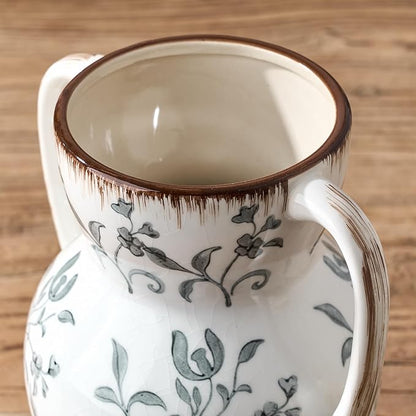 Gray and Beige Farmhouse Vintage Vase with 2 Handles, Chinoiserie Floral Vase, Rustic Ceramic Vases for Home Decor, Wedding, Living Room, Table, Shelf Decor - 8.3 Inch Tall