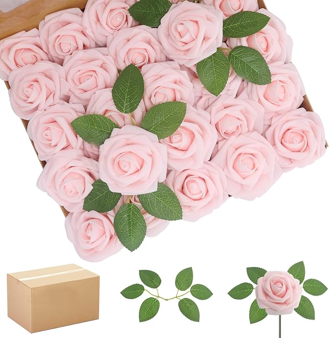 200PCS Artificial Flowers Light Pink Roses Real Looking Foam Fake Roses with Leaves and for DIY Wedding Bouquets Bridal Shower Centerpieces Party Decorations (Light Pink, 200)
