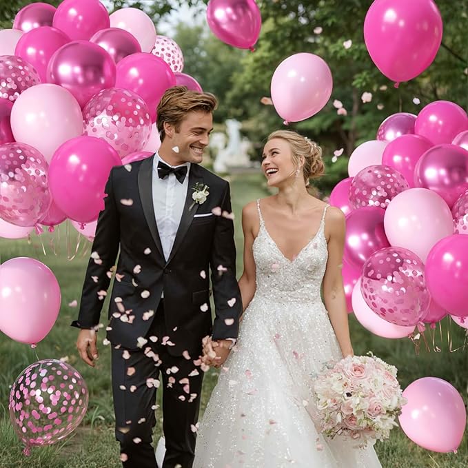 Pink Confetti Balloons Set, 50pcs 12 Inch Metallic Hot Pink Balloons, Light Pink Latex Party Balloon with Pink Ribbons for Girls Women Birthday Bridal Shower Wedding Princess Party Decorations