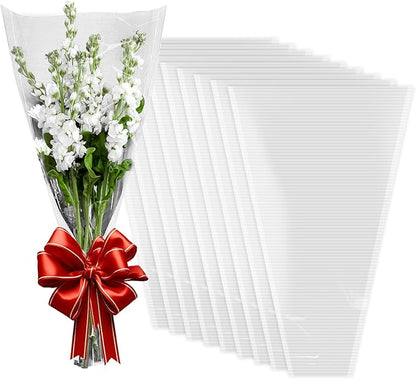 XABMU White Flower Bouquet Bags - 50 Pack White & Clear Floral Wrapping Sleeves for Wedding, Graduation, Mother’s Day Gifting & Florist Supplies