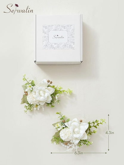 Serwalin Ivory White Wrist Corsage and Boutonniere Set 2pcs, 6-7inch Boutonniere for Men, Corsage Wristlet Wristband Prom Flower Wedding Flowers Accessories Prom Suit Decorations